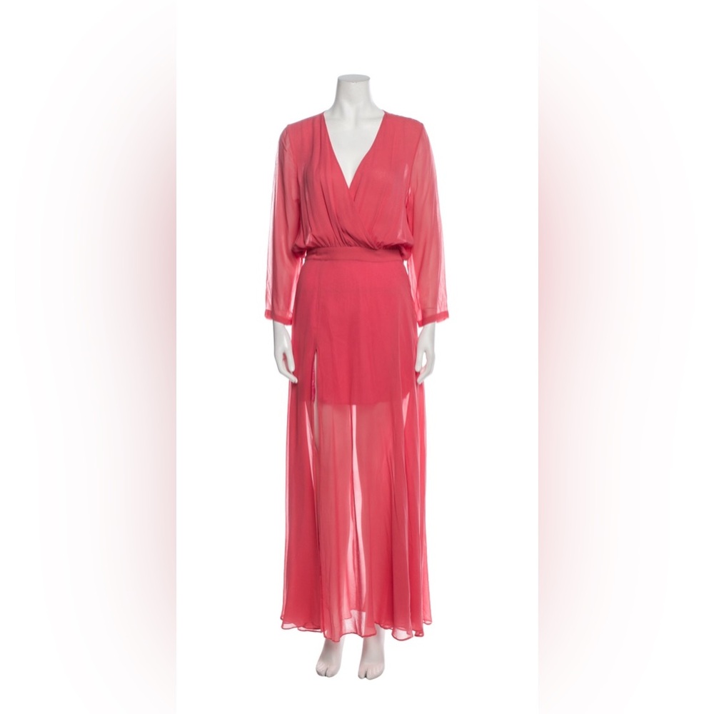 Sandra Weil 100% silk dress maxi coral pink long sleeves slit v-neck sz 4 Y2K